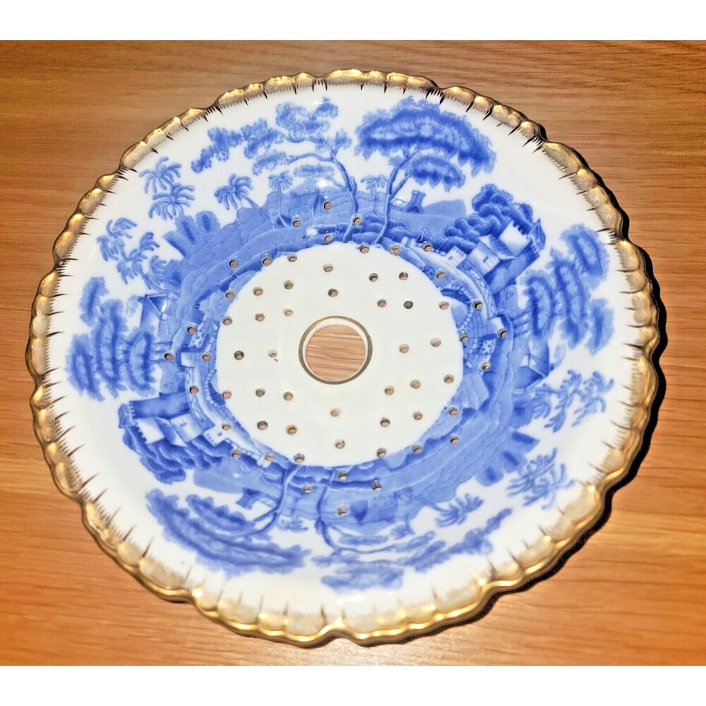 Antique Spode Copelands Blue Tower Gold Scalloped edge Round Mezzanine Strainer